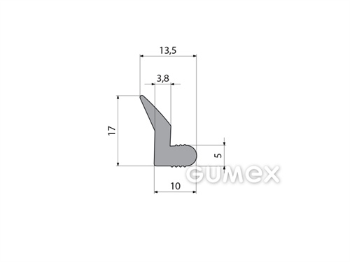 Gumový profil tvaru "L", 17x13,5/5mm, 70°ShA, EPDM, -40°C/+100°C, šedý